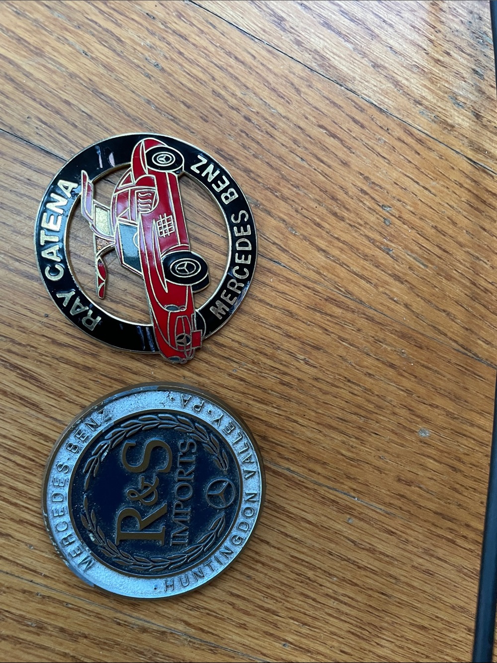 Ray Catena Mercedes-Benz Red Car Enamel Badge and R & S Imports Mercedes Benz